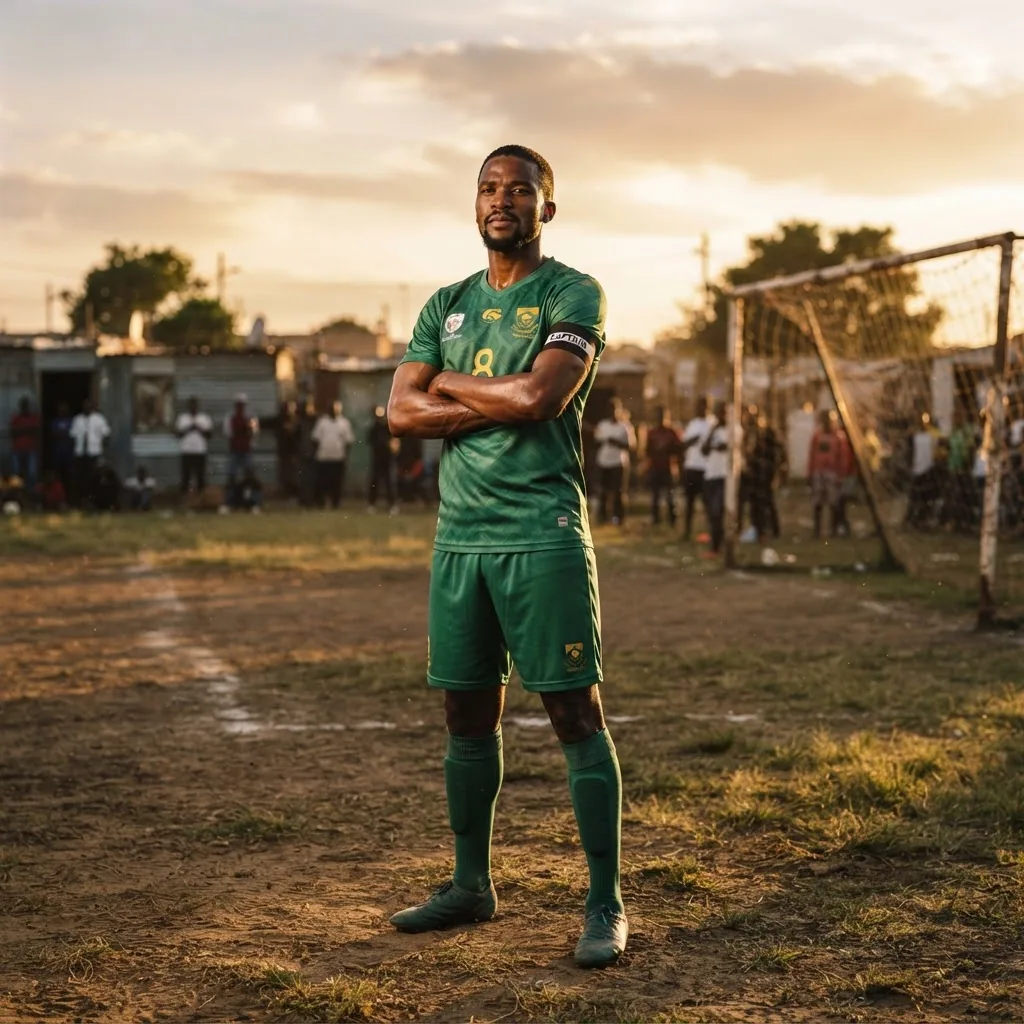 Teboho Mokoena in his Bafana Bafana captain’s armband on a township pitch at sunset
