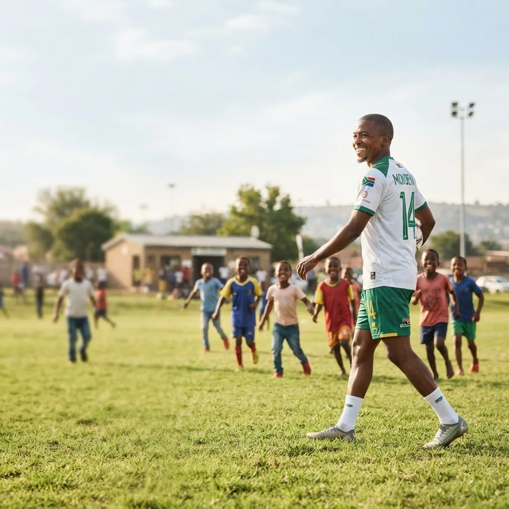 Teboho Mokoena walking across a community football pitch as children play behind him