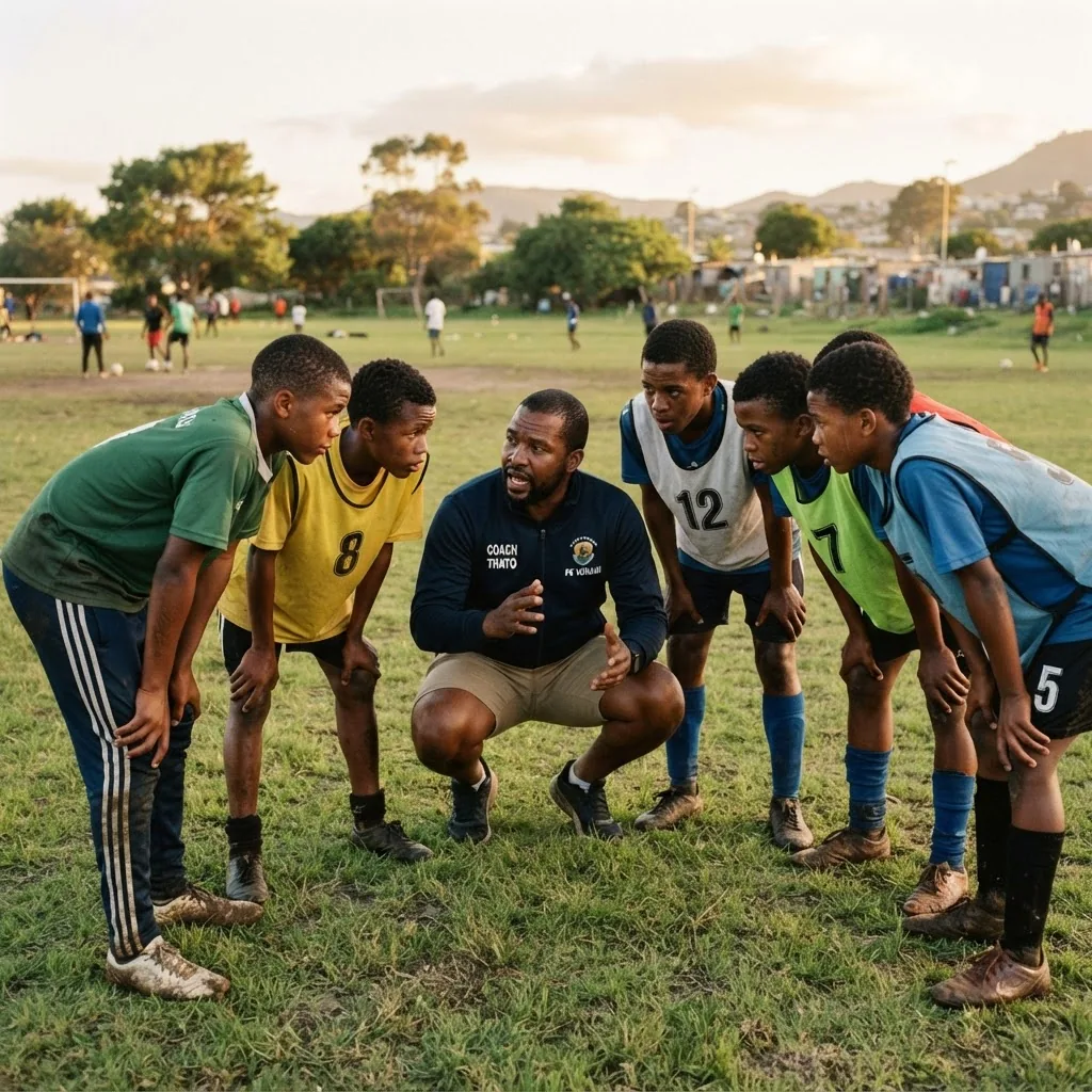 A coach talking tactics with a huddle of young players on a community pitch
