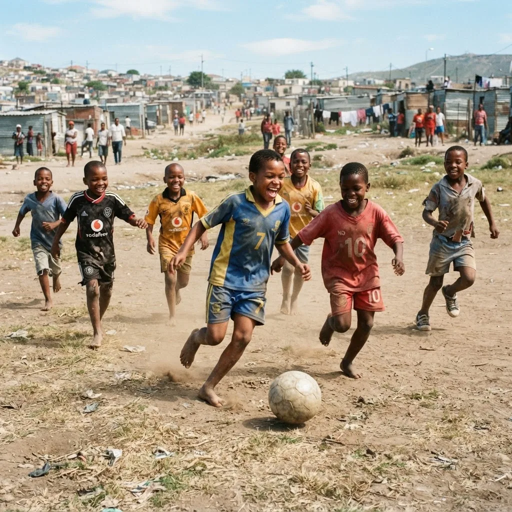 Children racing after a football on a dusty township pitch